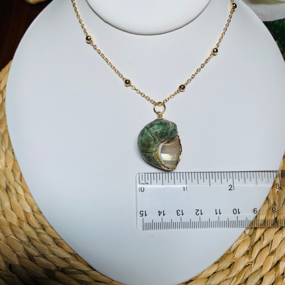 Beachy Green Conch Shell Necklace with Gold Painted Accents, 22”-23.5” - Picture 10 of 10